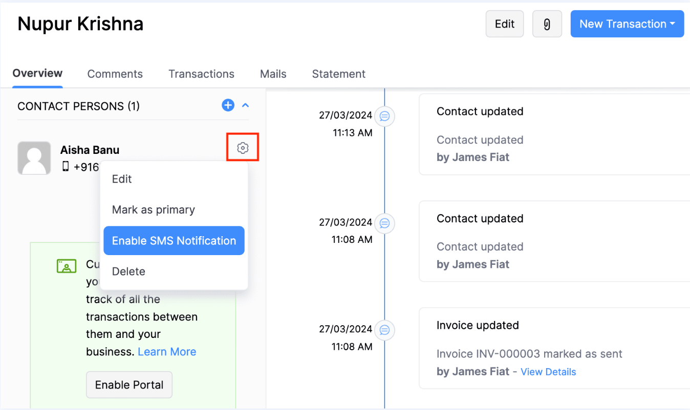 Enable SMS for Contact Person