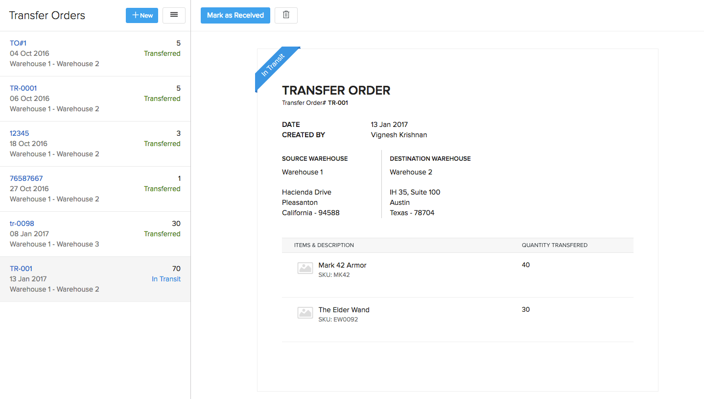 Transfer Order Receive step 1