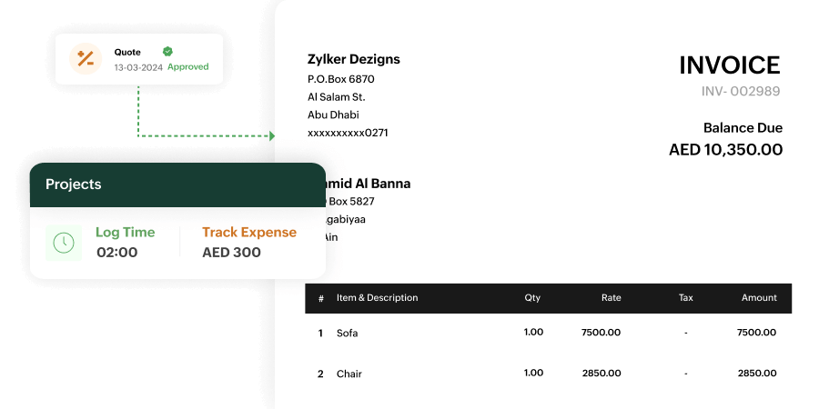 Zoho Billing interface displaying a detailed invoice with QR code for payment, itemized listing of sofa and chair with tax breakdown, and a project summary showing 2 hours of logged time and  tracked expense.