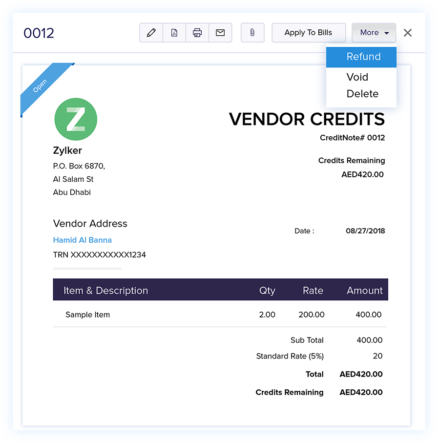 Vendor Credits - Online Billing Management Software | Zoho Books