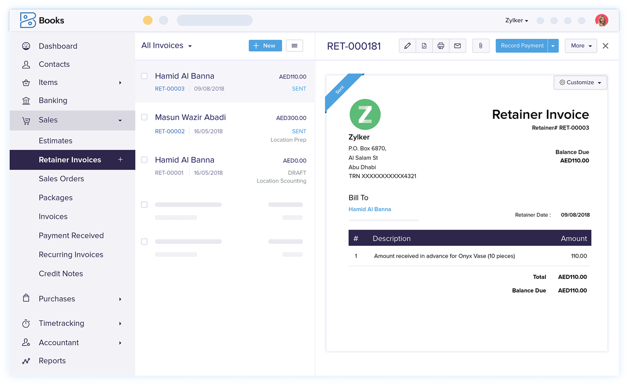 Retainer Invoices - Best Invoicing and Accounting Software | Zoho Books