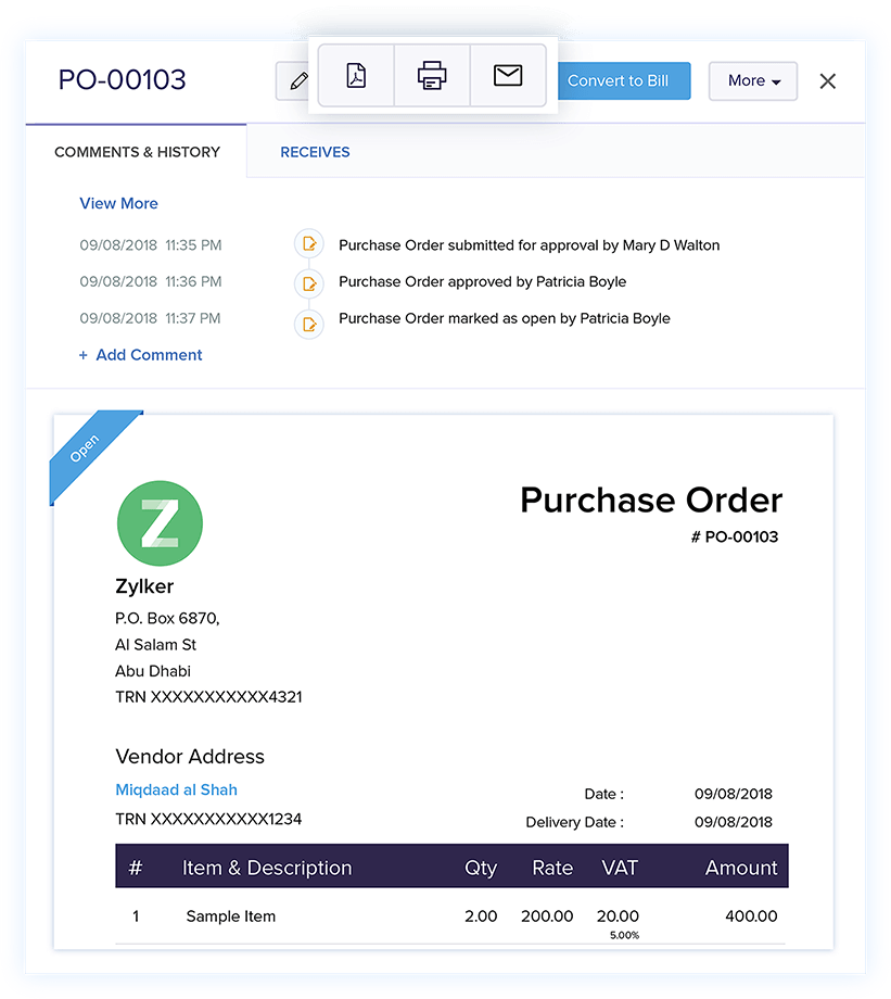 Share Purchase Orders - Best Purchase Order Software | Zoho Books