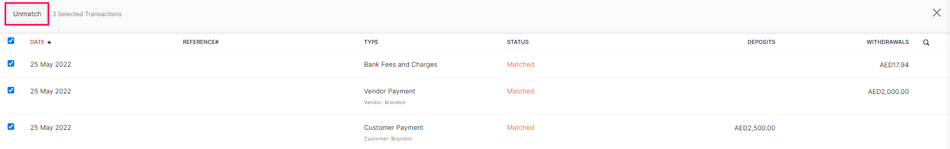 Unmatch Transactions