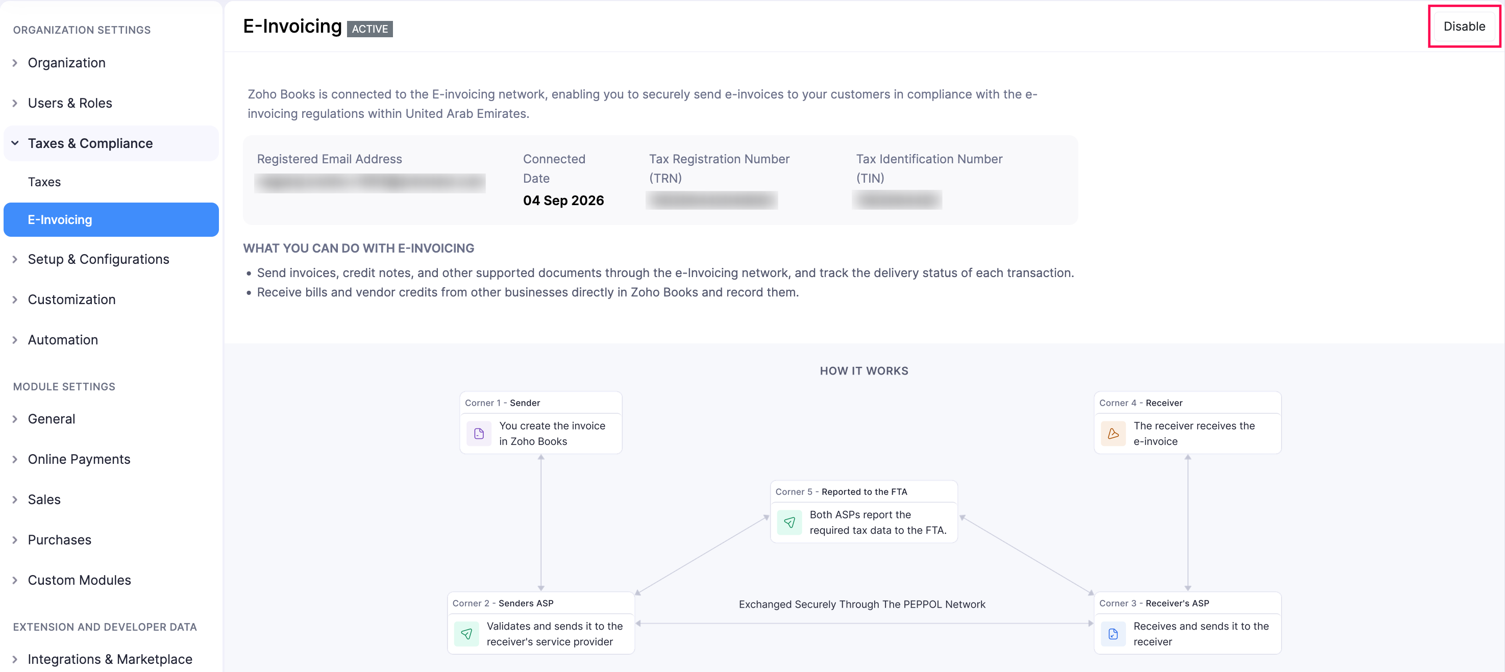Disable E-Invoicing in Zoho Books