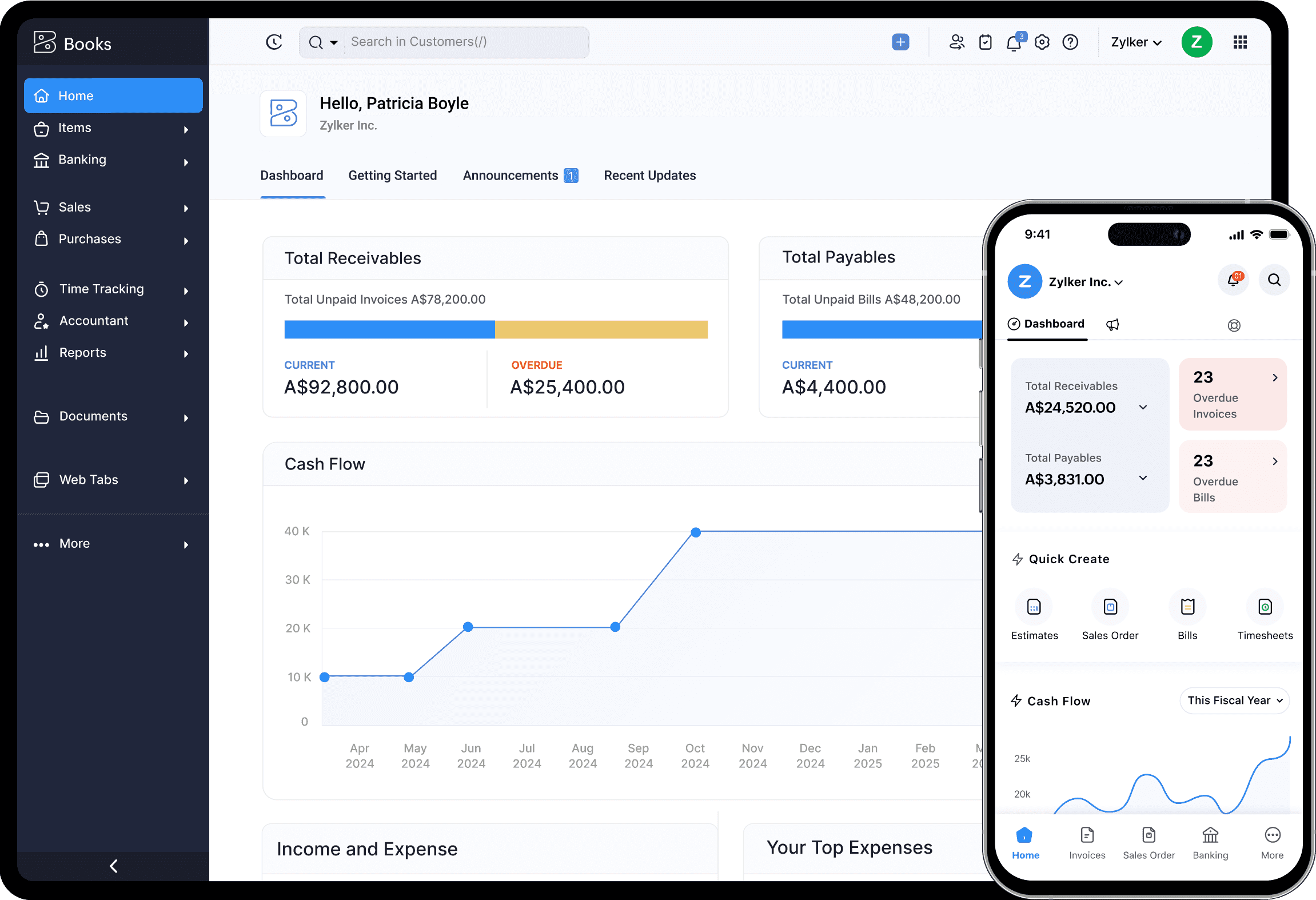 Zoho books dashboard
