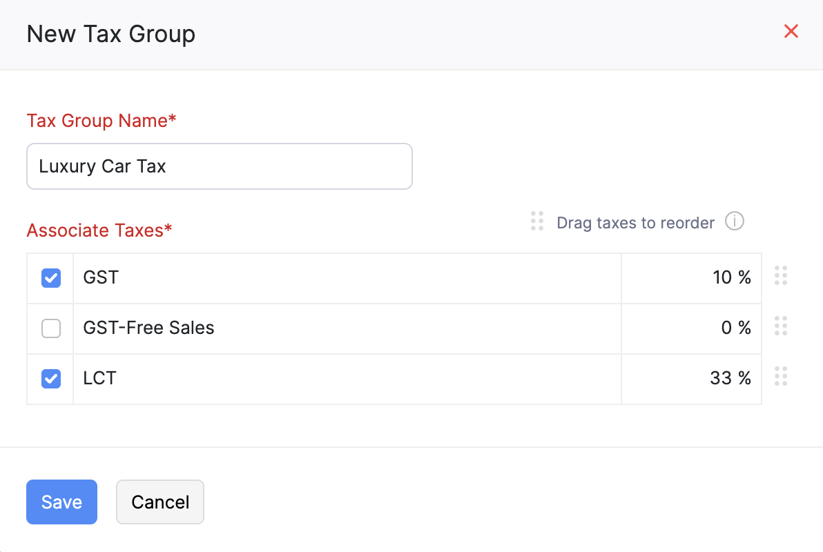 New Tax Group Creation Page
