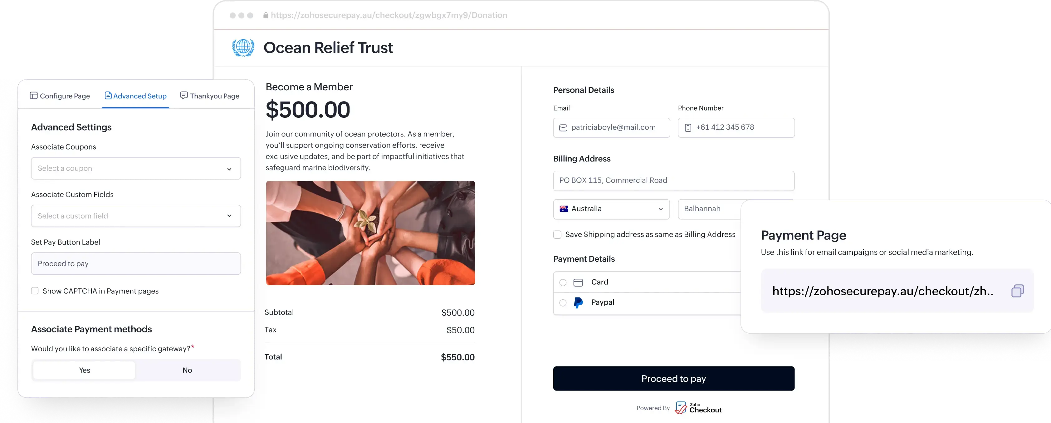 Checkout page creation flow showing payment link editor, card payment form, and payment request