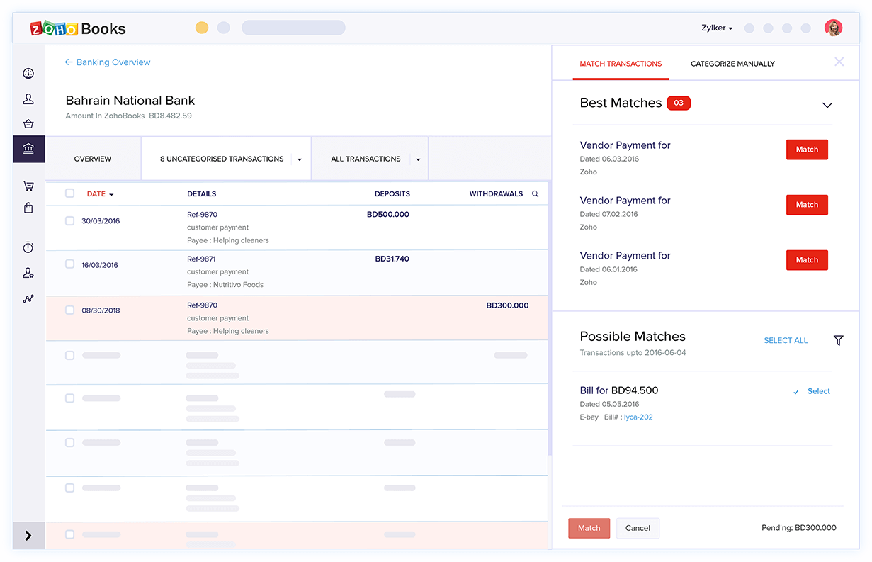 Bank Transaction Matching - Account Reconciliation Software | Zoho Books