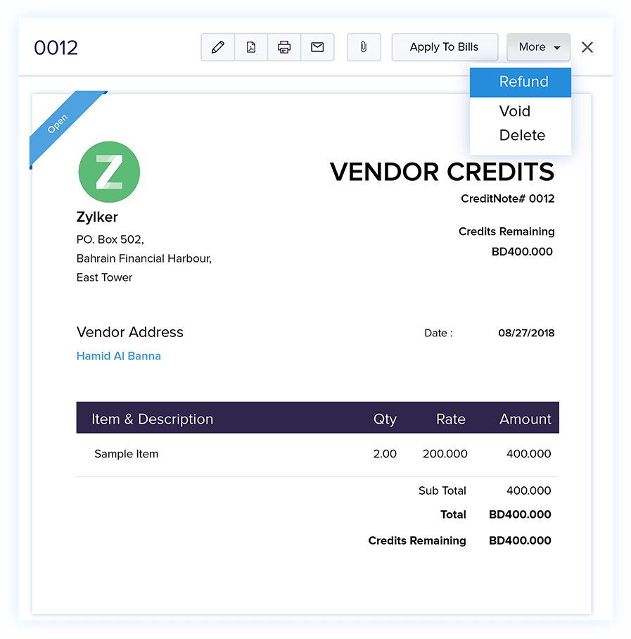 Vendor Credits - Online Billing Management Software | Zoho Books