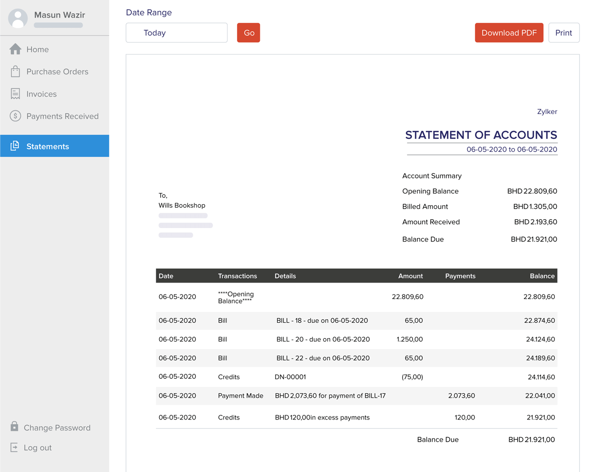 Let Vendors View Statements | Zoho Books