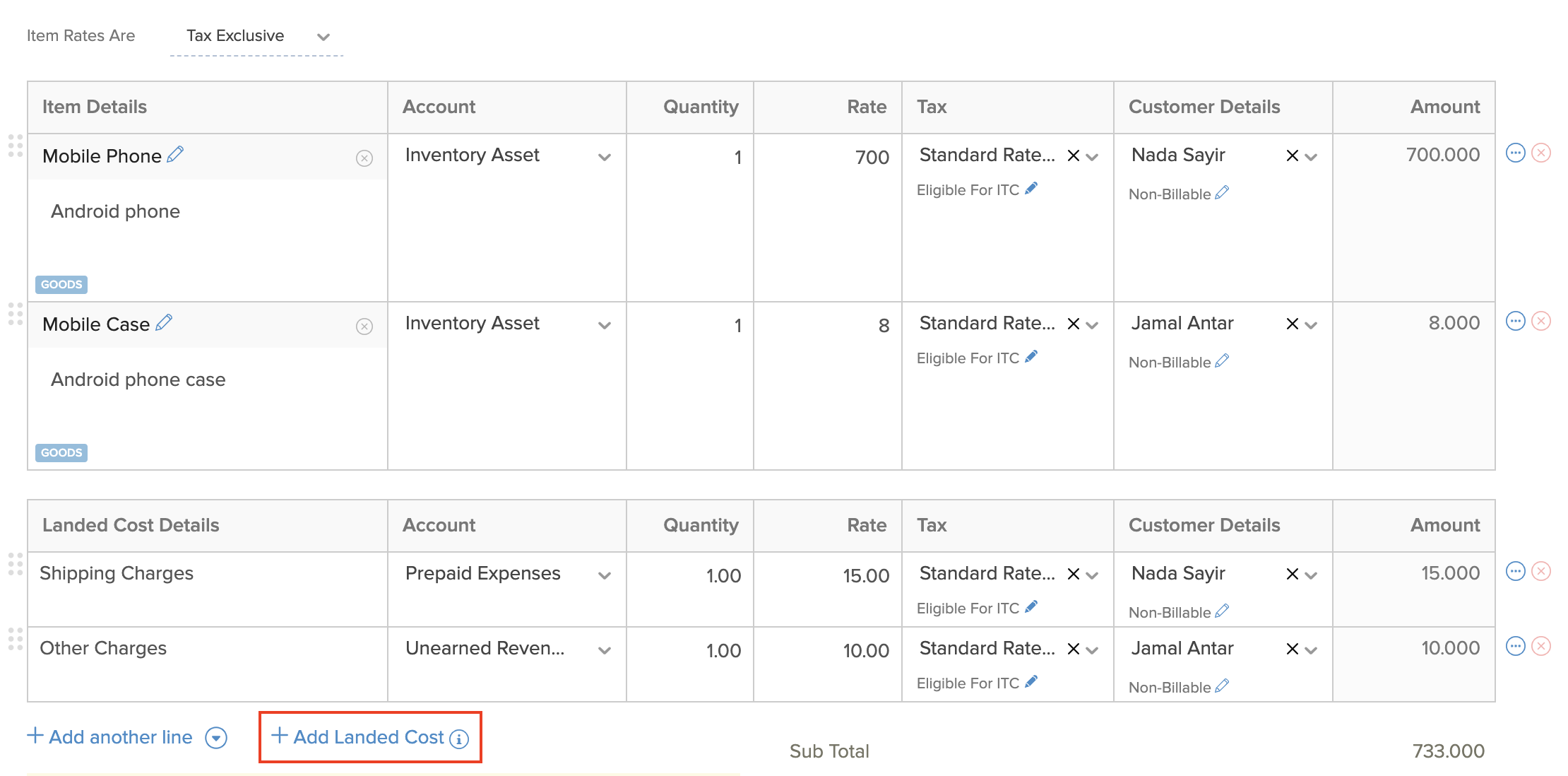 Landed Costs in Bills