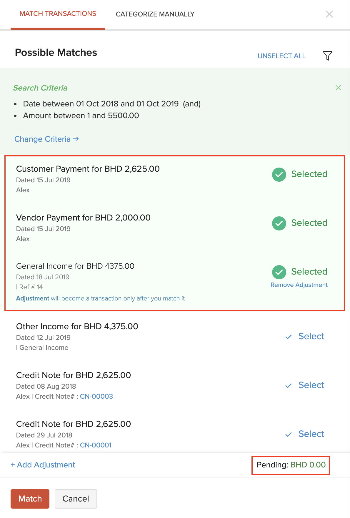 Matched Transactions