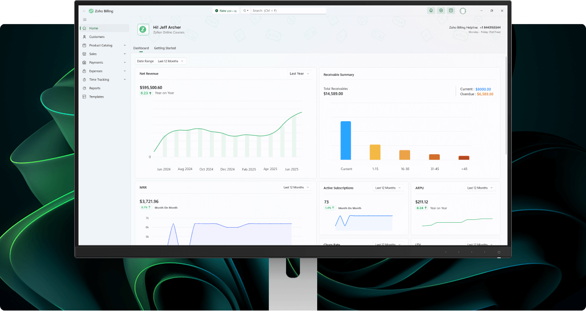 Preview of Zoho Billing's windows dashboard presenting a 360 view on your financial health. Access reports on revenue, customers, receivables, and expenses straight on your dashboard.