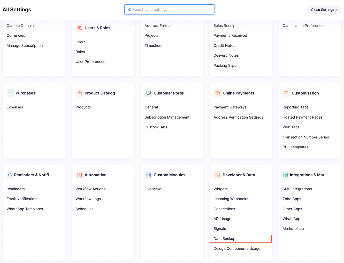Select Data Backup under Settings