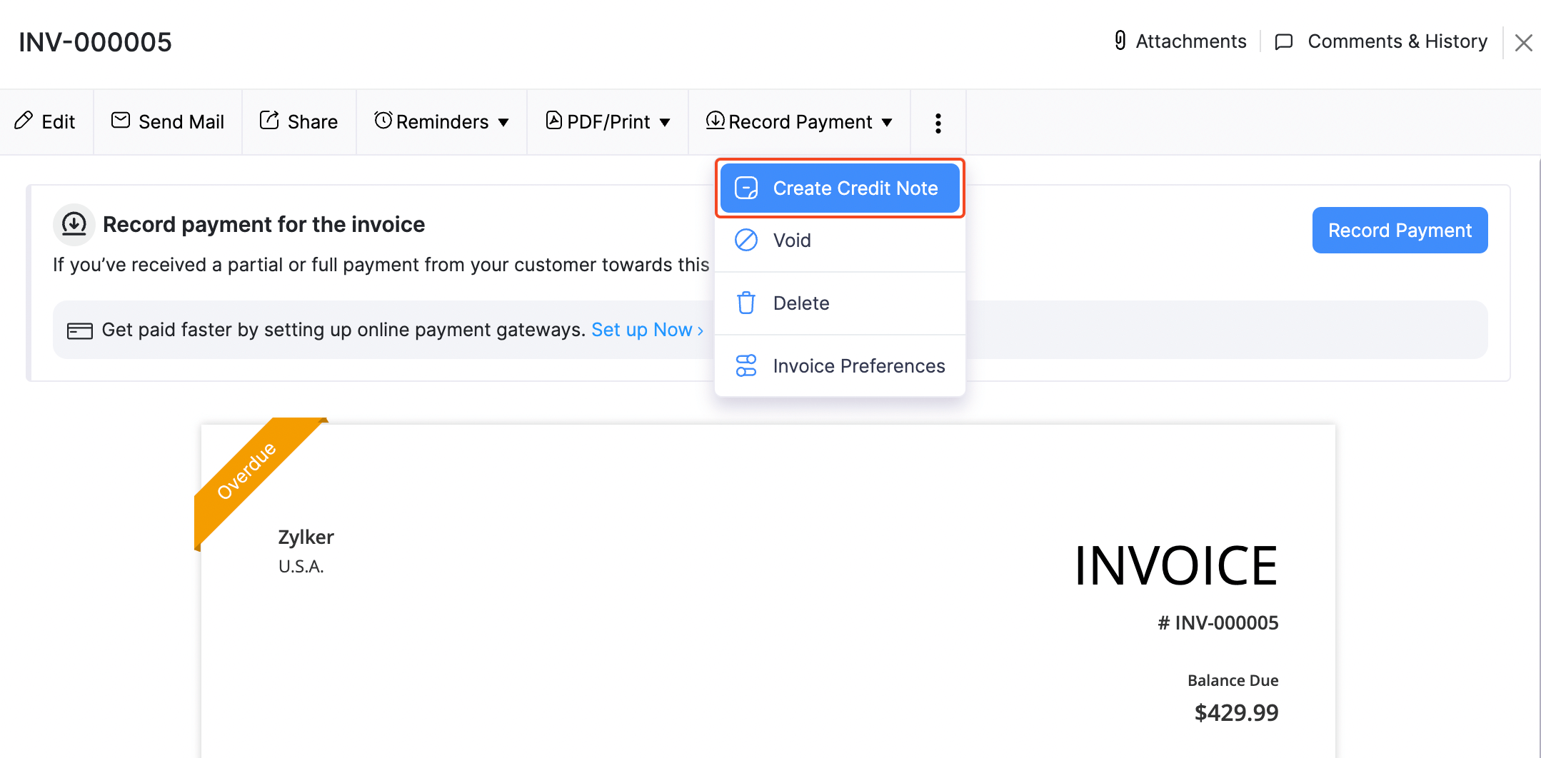 Invoices - Create Credit Note