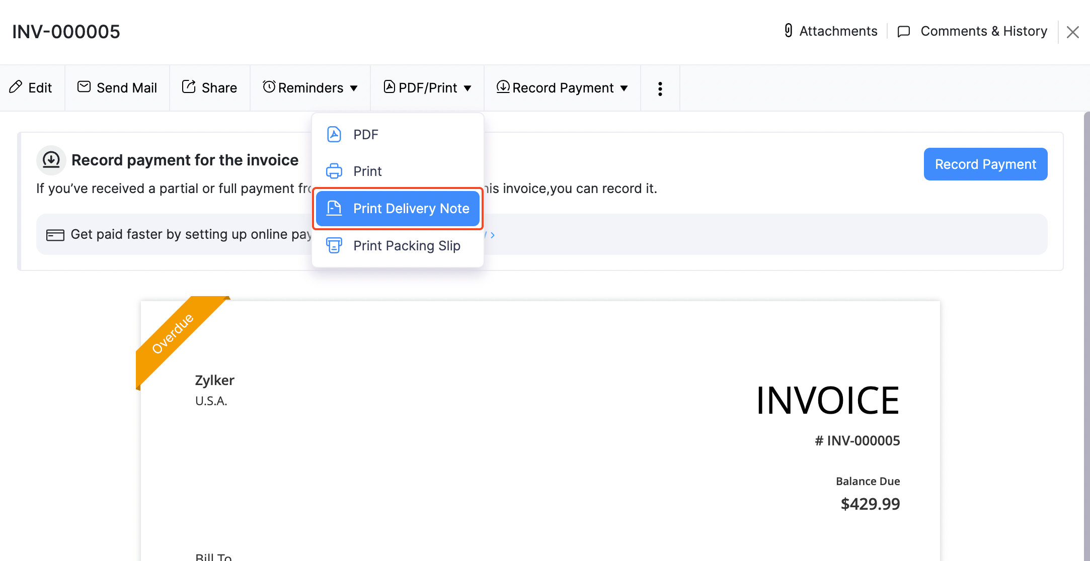 Invoices - Print Delivery Note