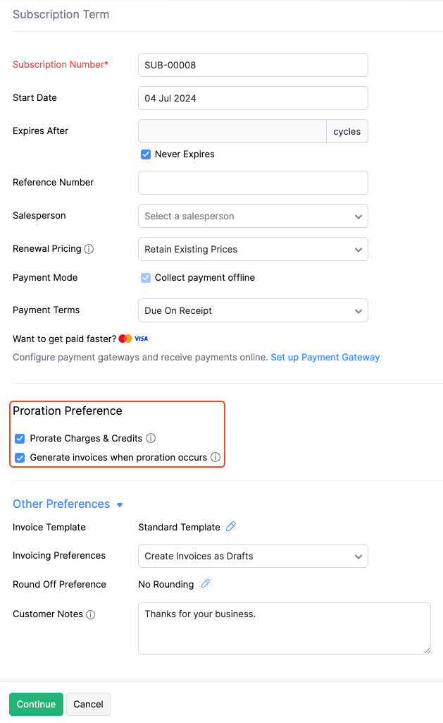 Enable Proration During Subscription Creation