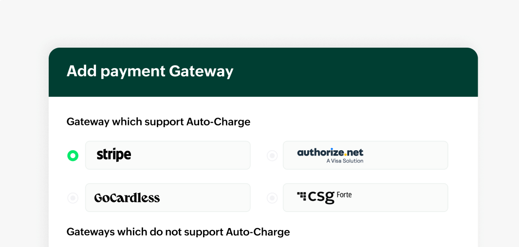 Preview of multiple payment gateways supported by Zoho Billing | Zoho Billing