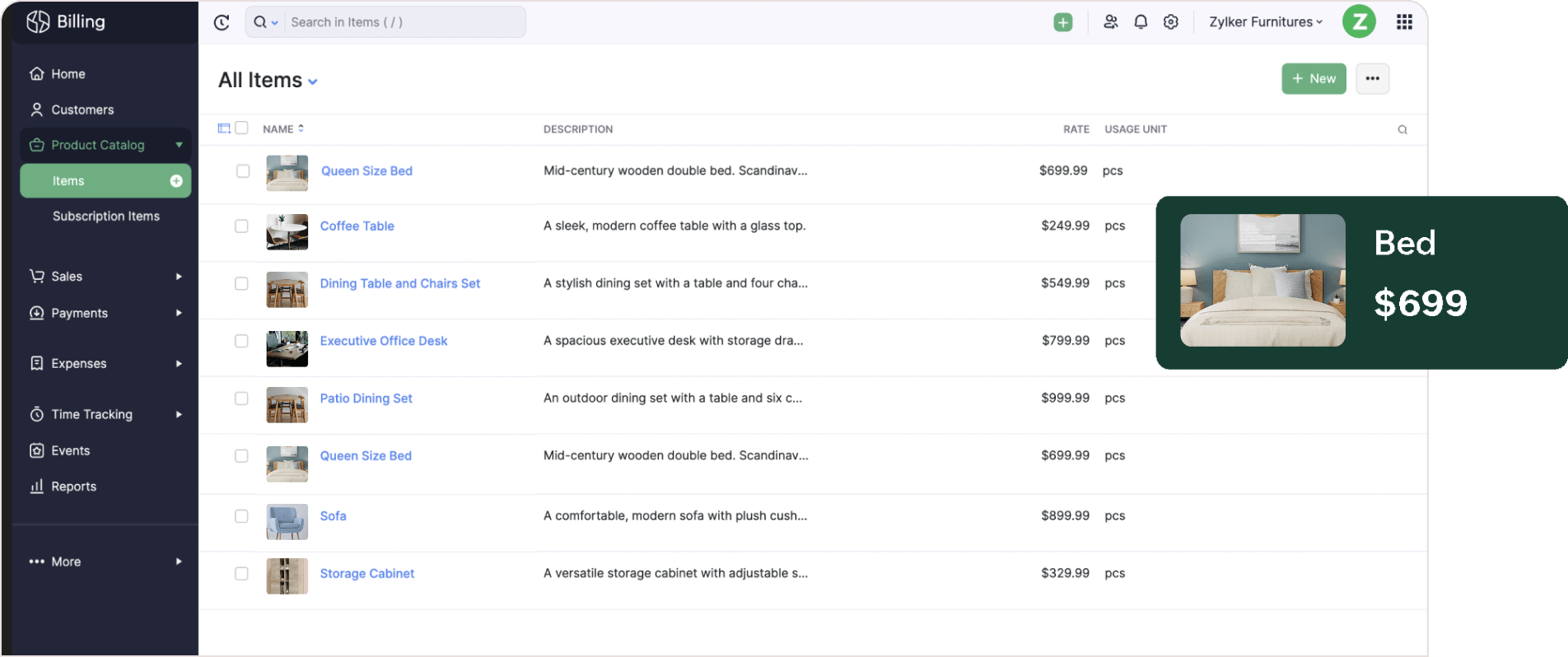 Preview of Zoho Billing's items overview page