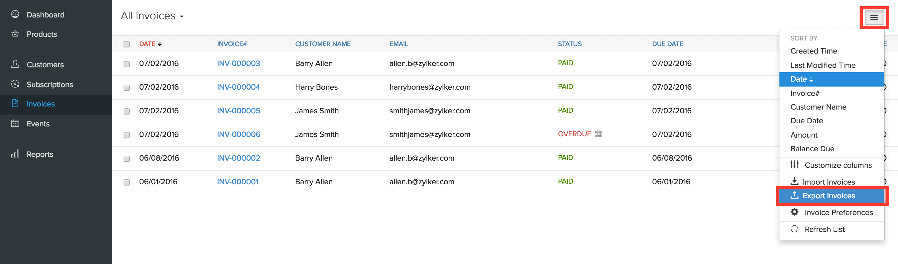 Export Invoices Button