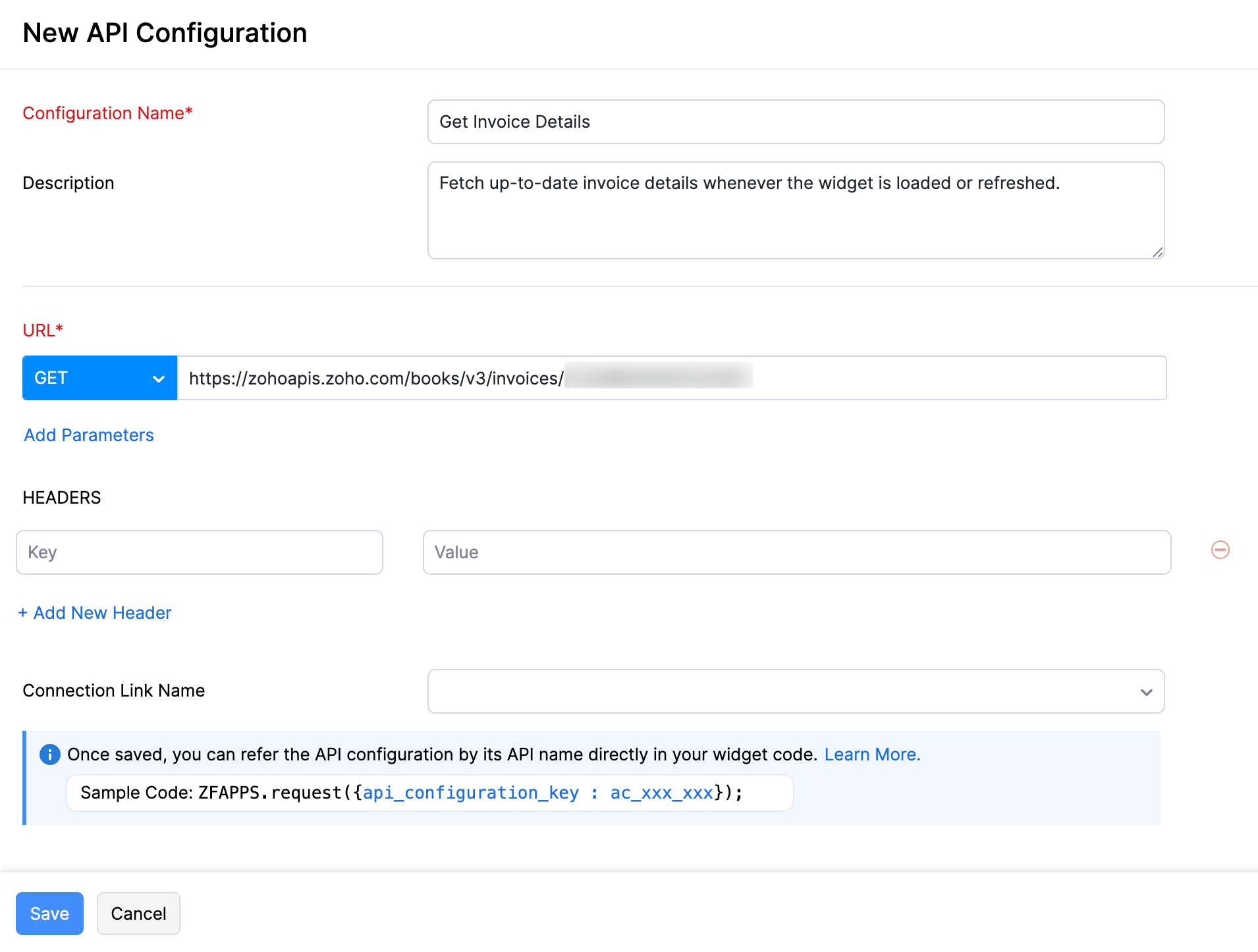 The New API Configuration page. Fill in the required details.