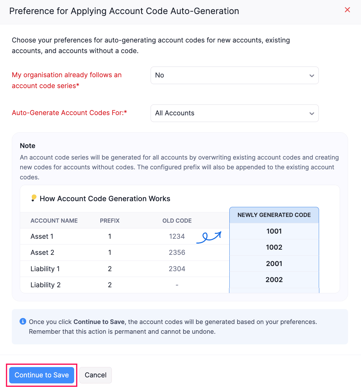 Preference for Applying Account Code Auto-Generation