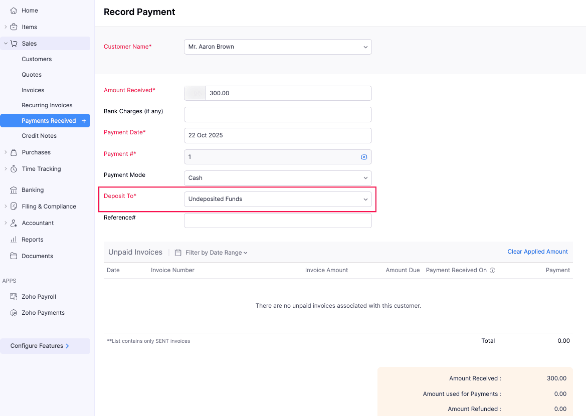 Record Payment With Cash Account