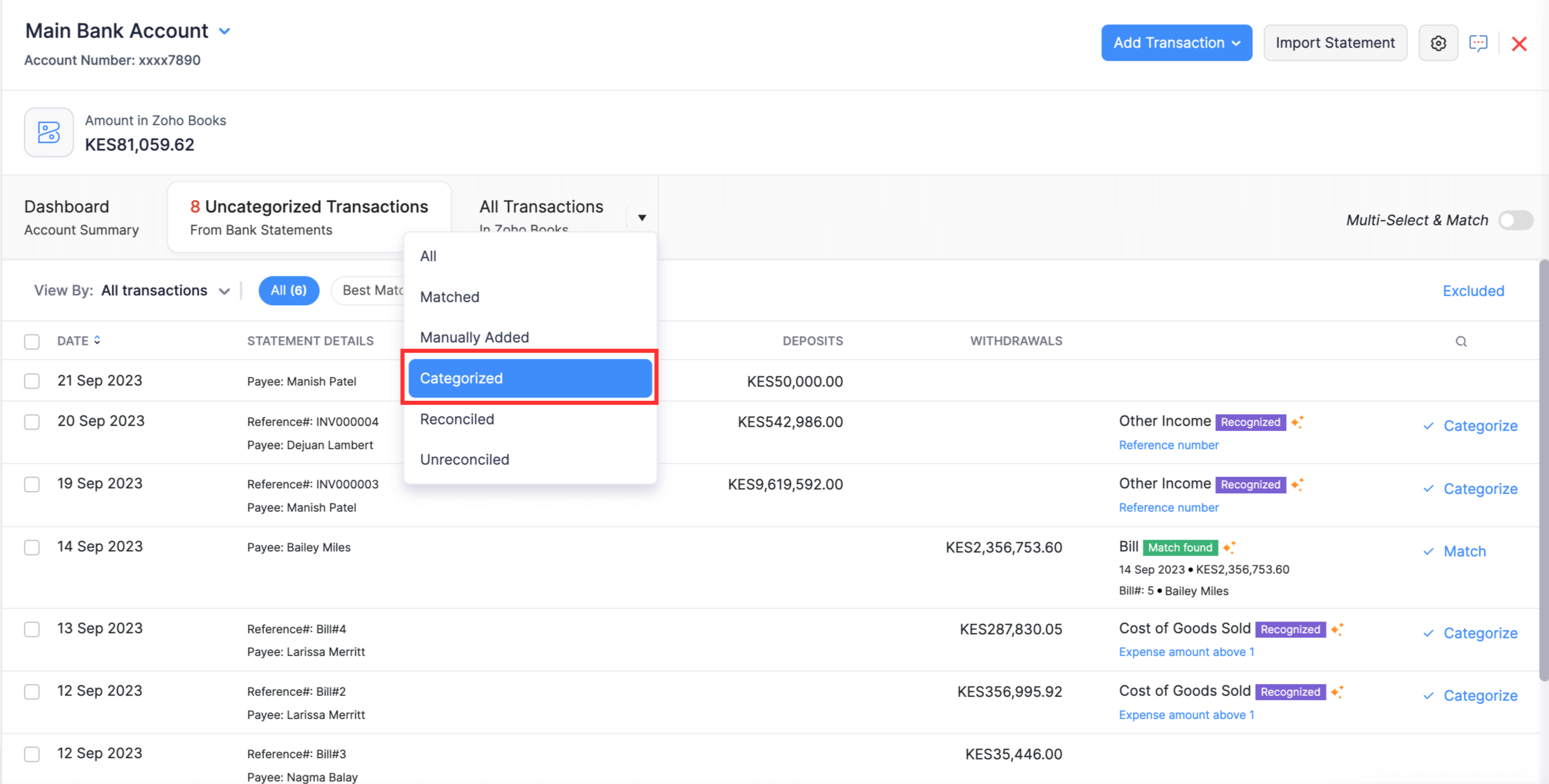 Click Categorized from the All Transactions dropdown