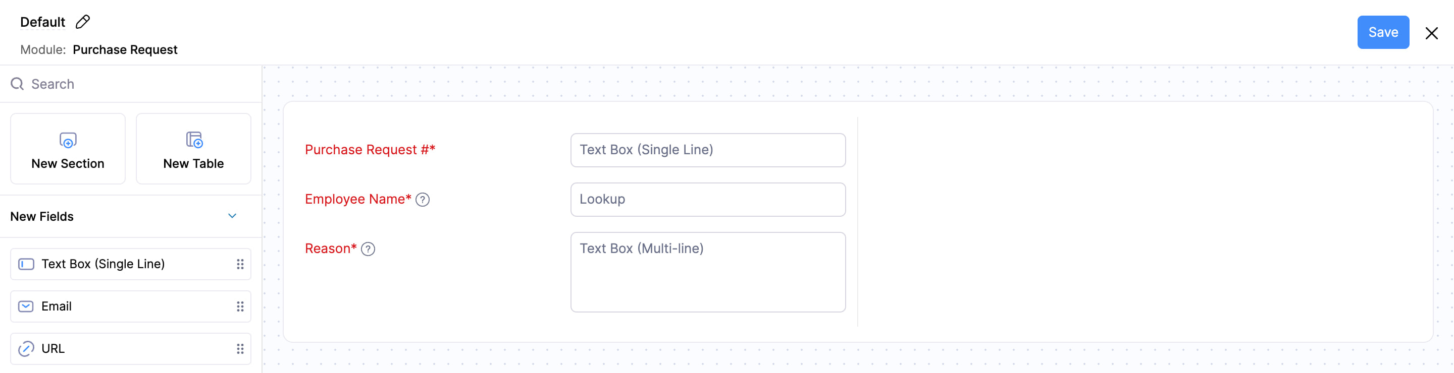 The form builder page. Drag and drop the required data type from the New Fields section on the left side of the page into the preferred section in the form.