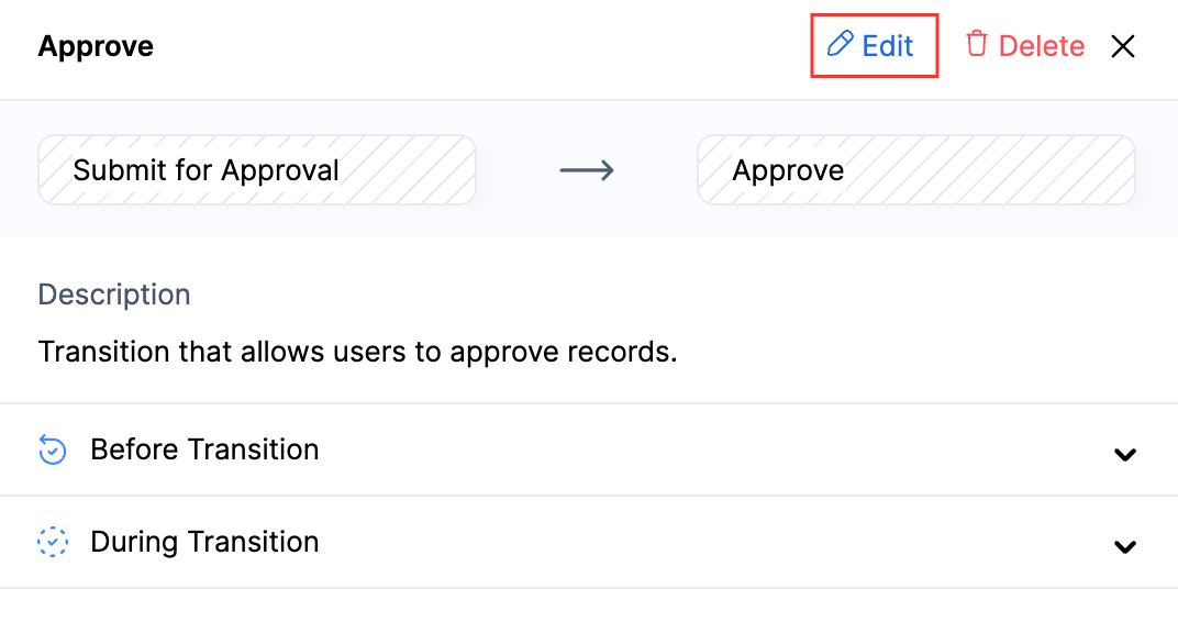 The Details pane of a transition. Click Edit in the top right corner to edit a transition.