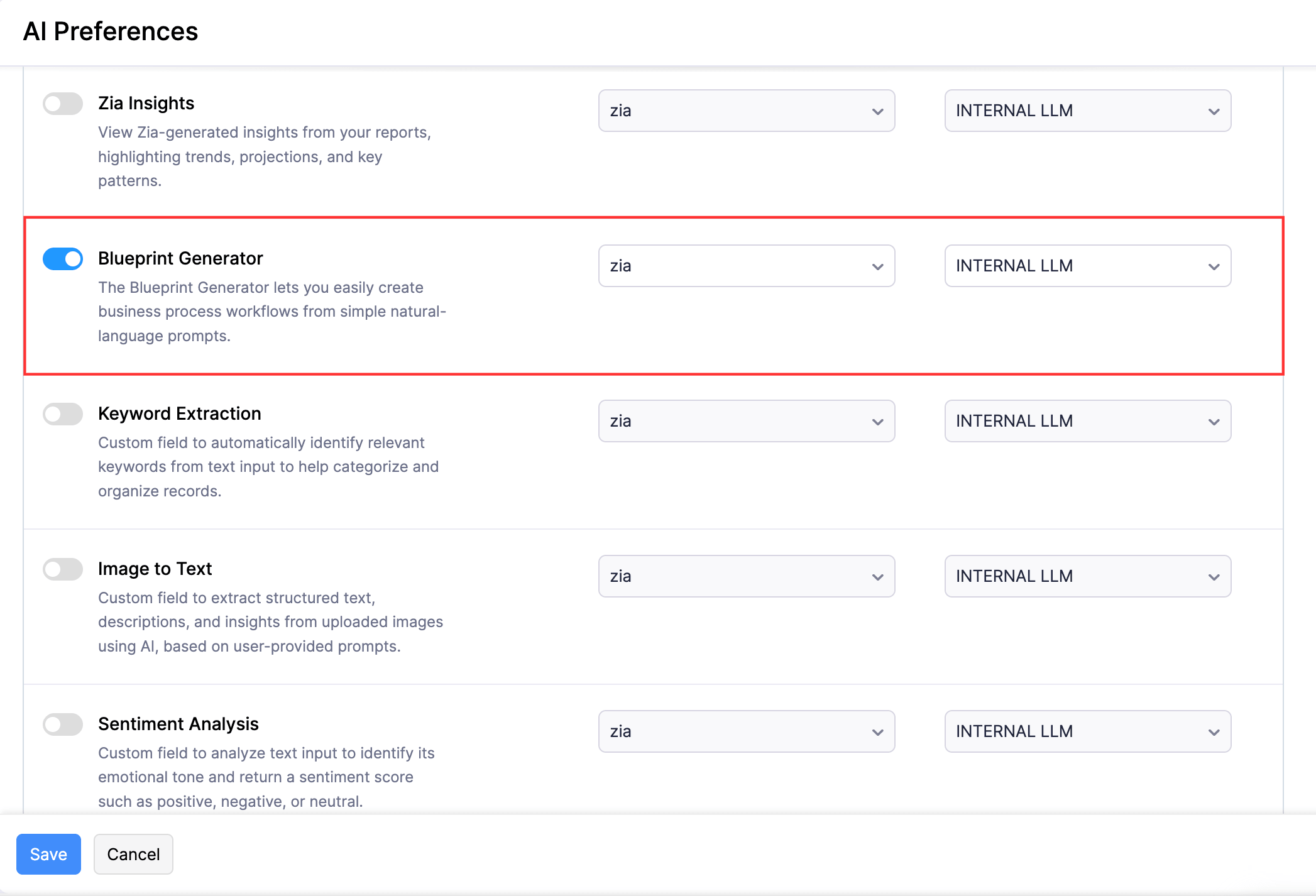 The AI Preferences page. Enable the toggle next to Blueprint Generator, select the AI Provider and Model, and click Save.