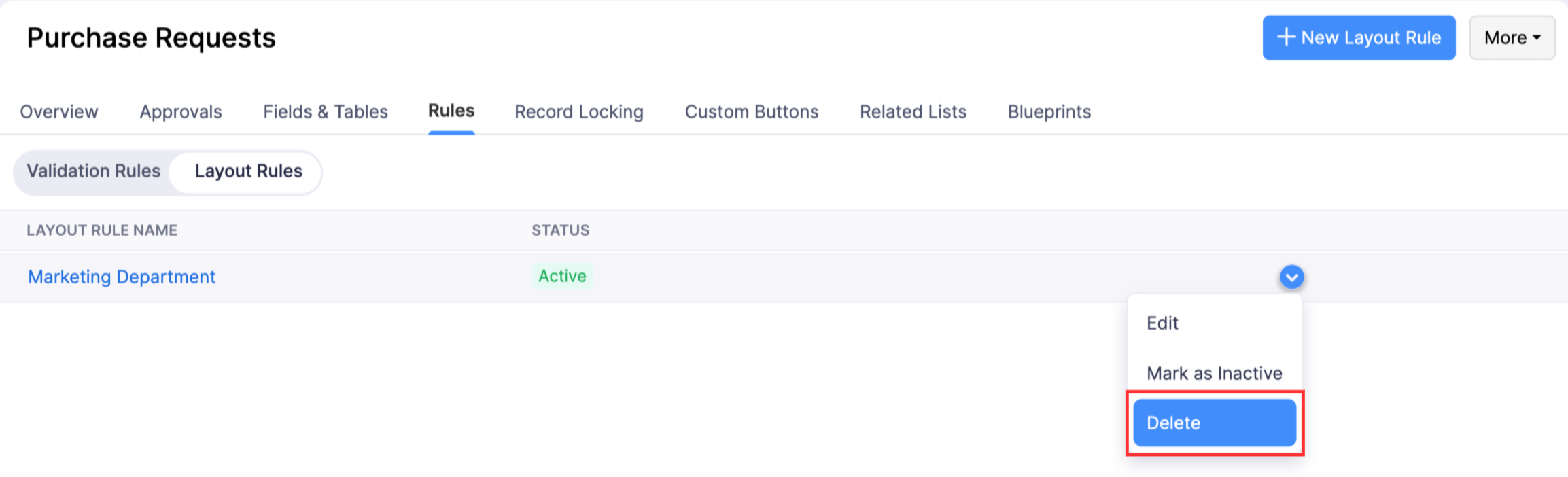 The More Actions dropdown of a layout rule with the Delete option highlighted.