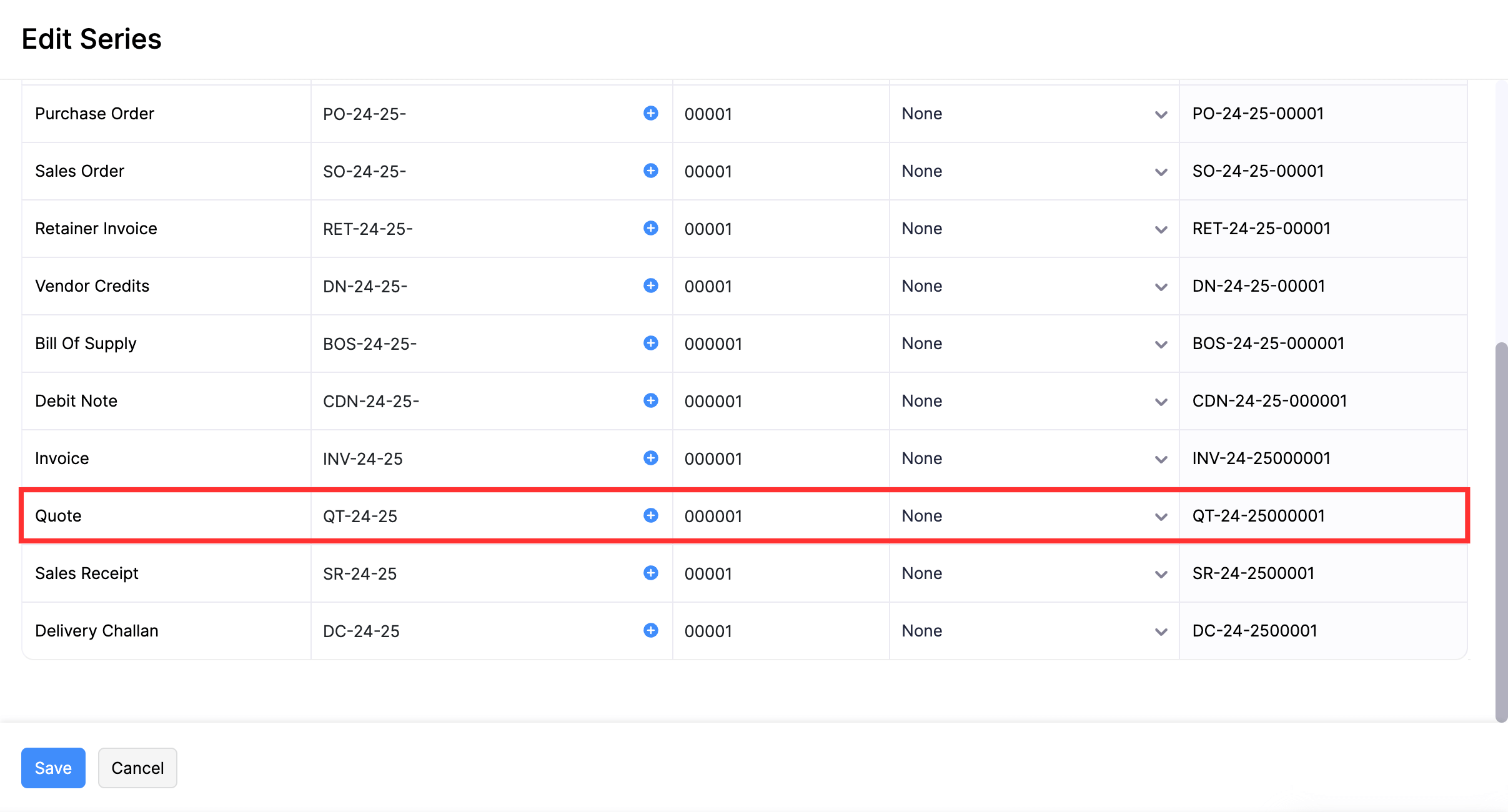 Update prefix in the transaction number series