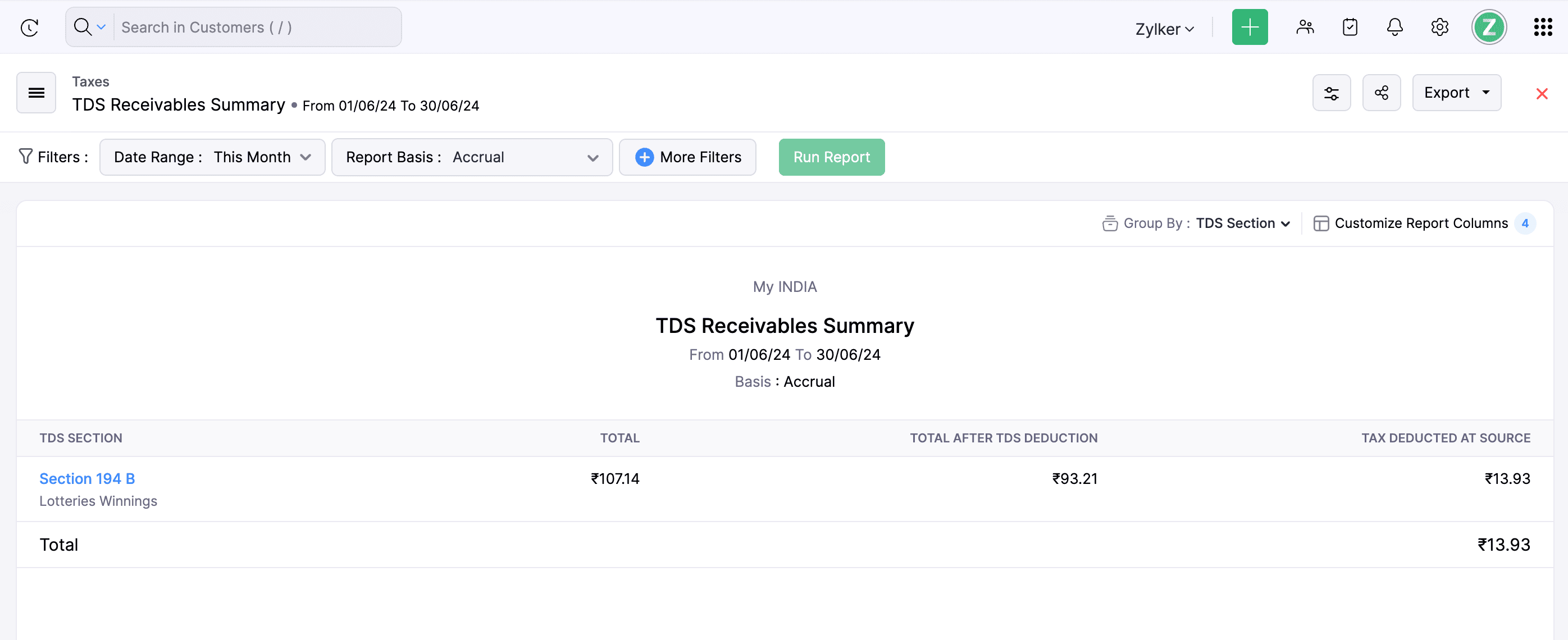 TDS Receivables Summary report