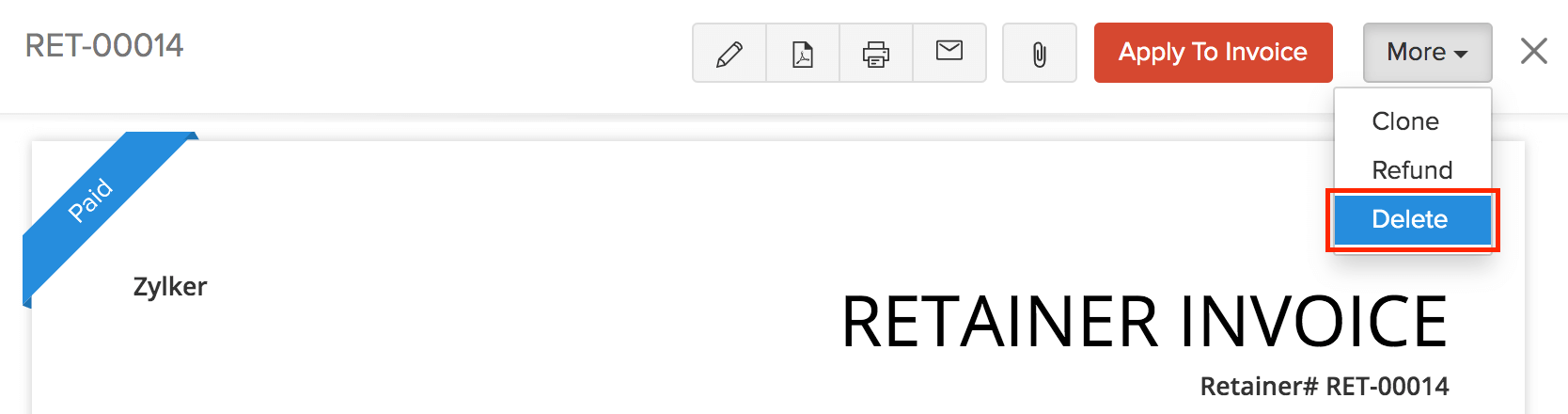 Delete Retainer Invoice