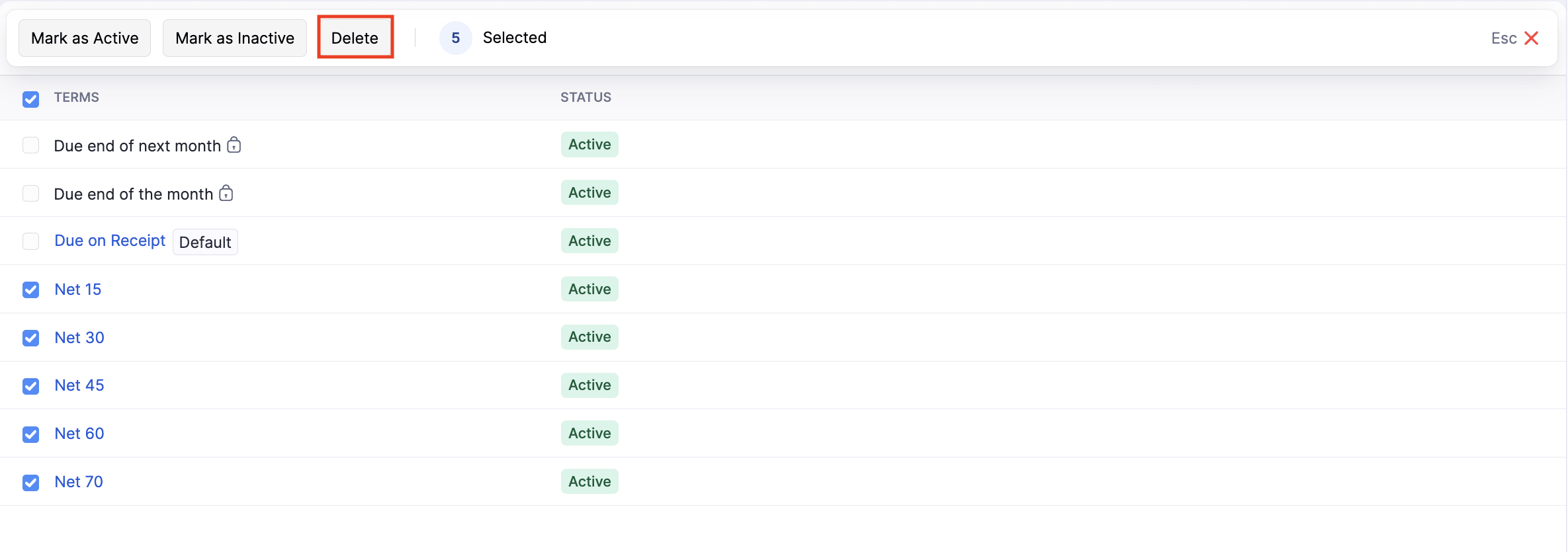Bulk Delete Payment Terms