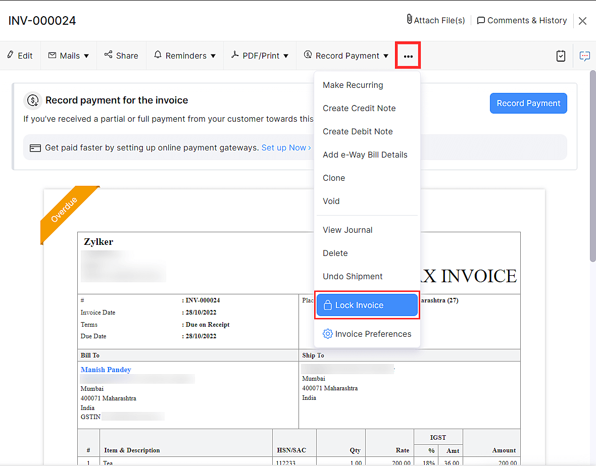 Click Lock Invoice