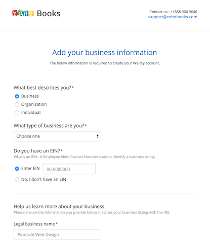 WePay business information profile