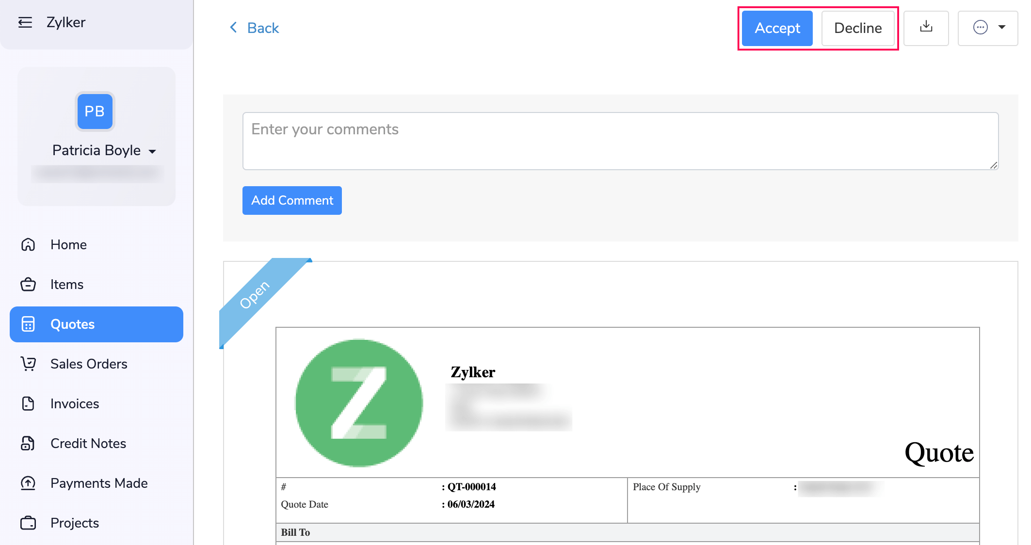 Accept and Decline Options for Customer in Zoho Books’ Customer Portal