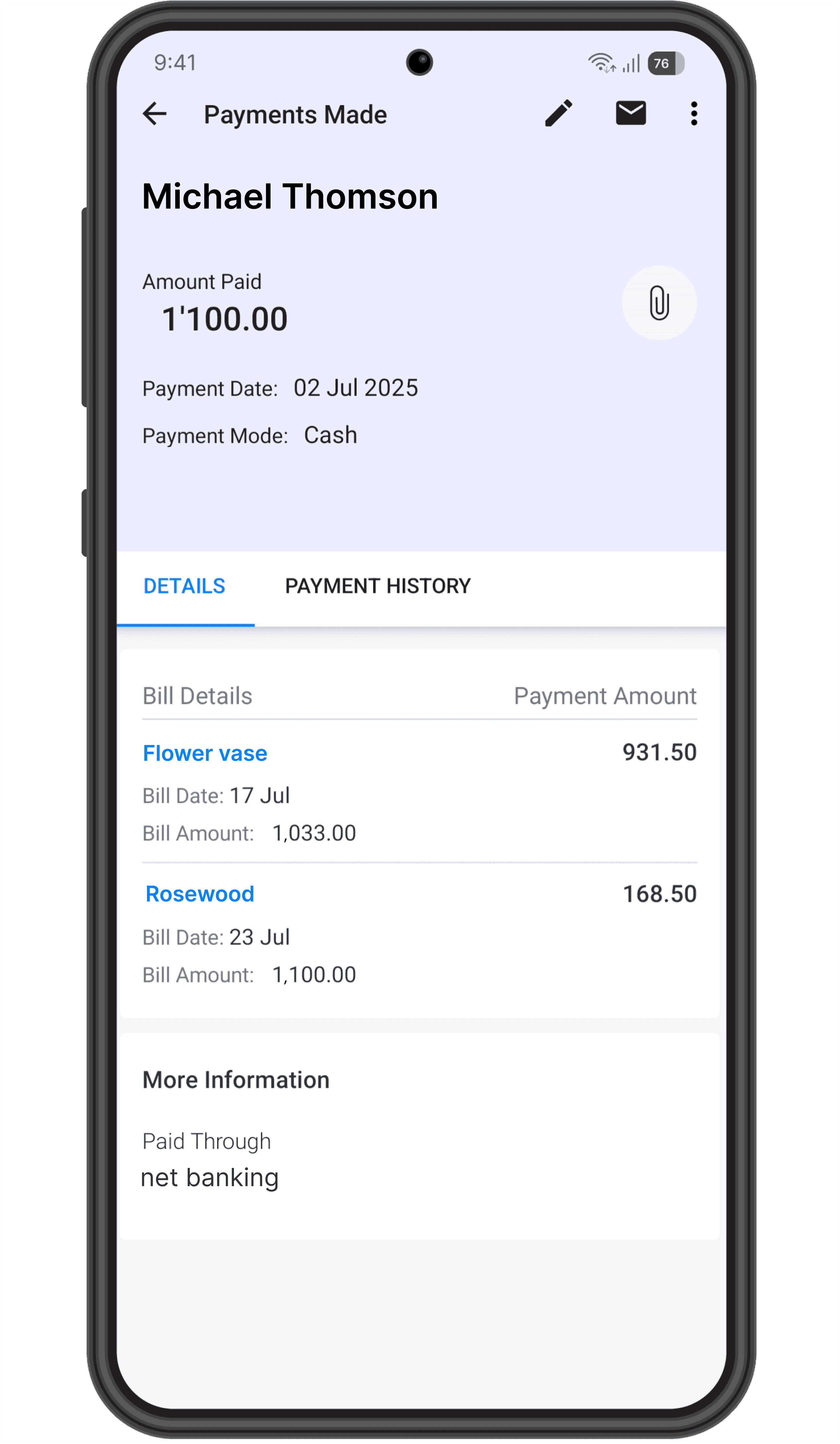 Payables dashboard with a dummy non billable expense