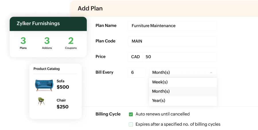 Zoho Billing interface for creating a subscription plan, showing fields for plan name, code, price, billing frequency, and auto-renewal options, alongside a product catalog with sofa and chair prices, and summary of plans, add-ons, and coupons.