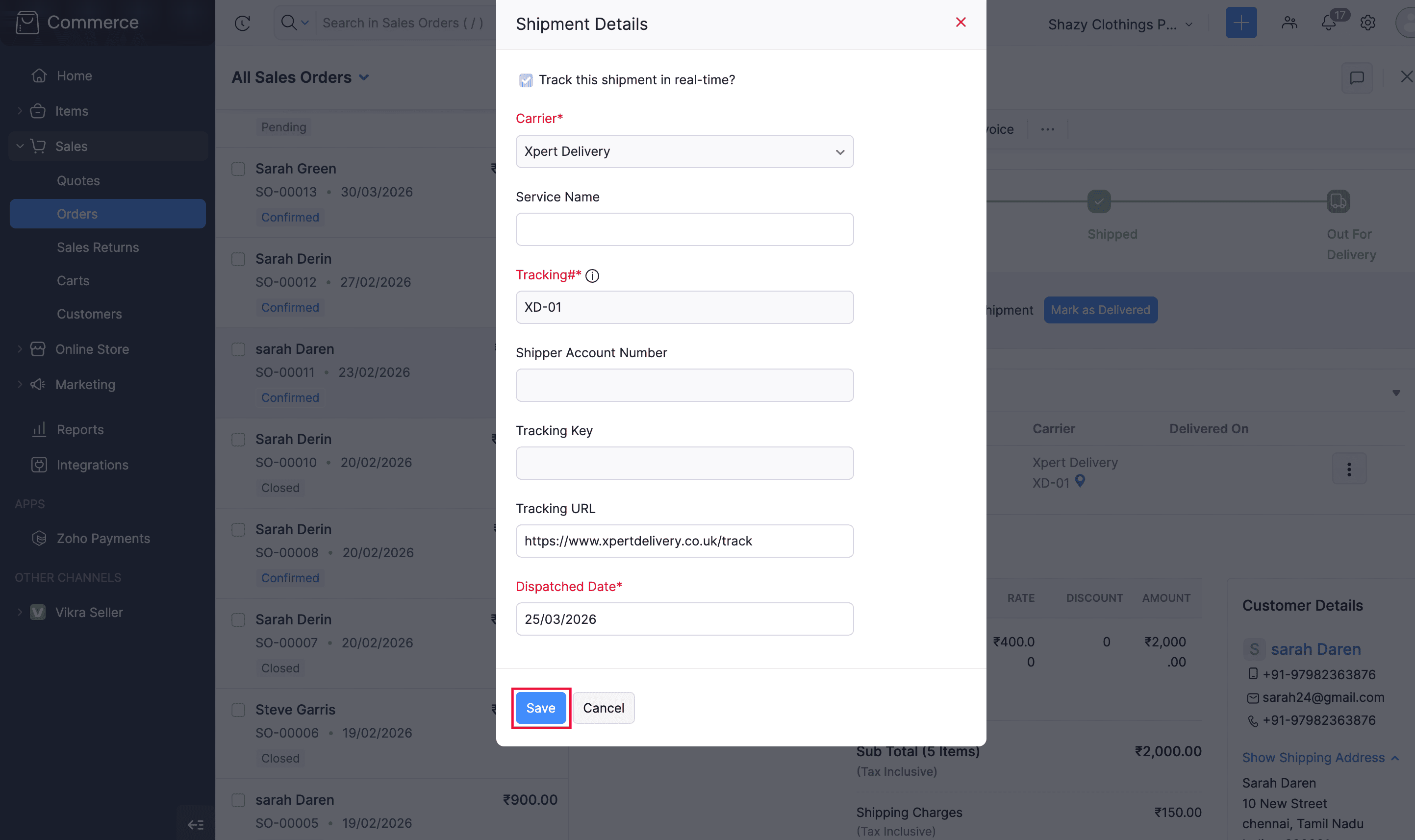Save shipment details
