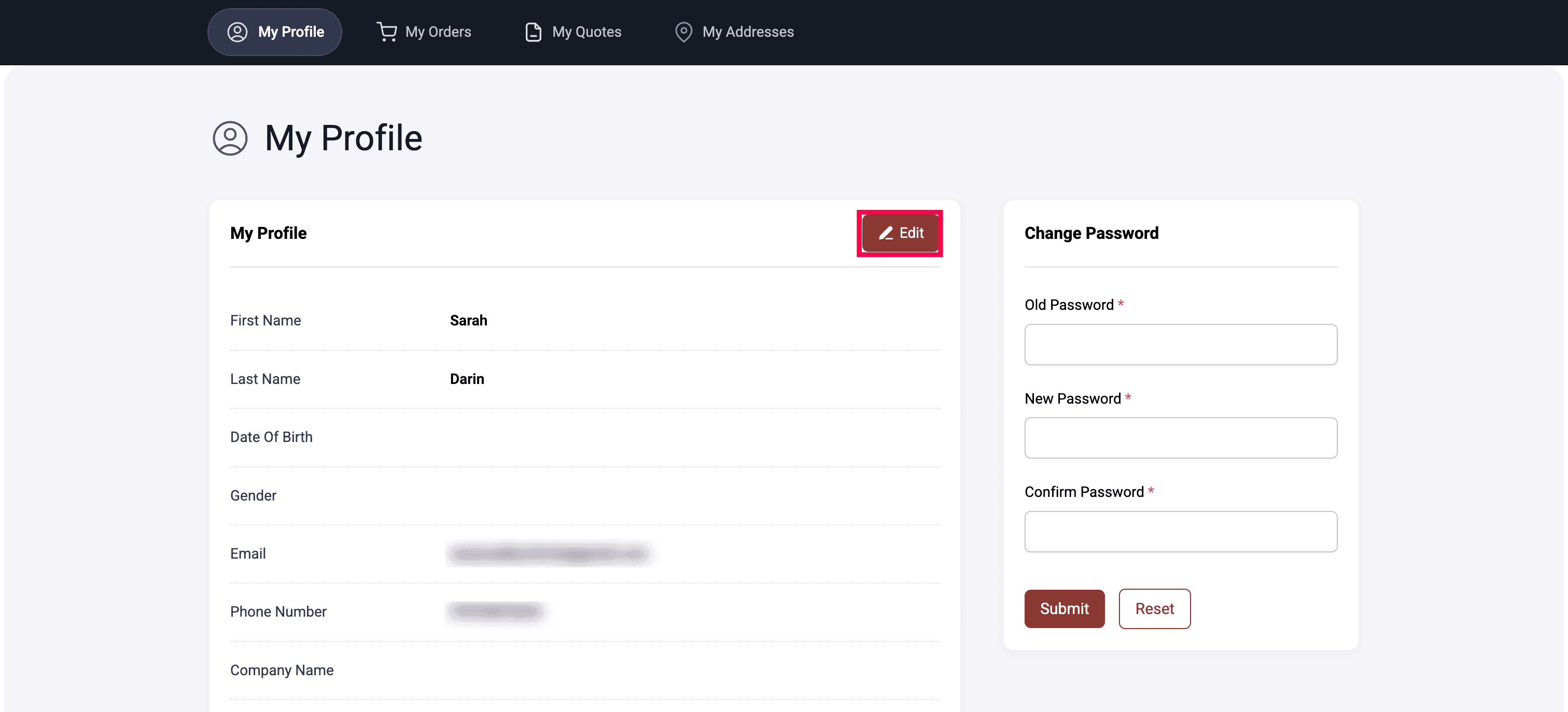 Customer portal access from profile dropdown