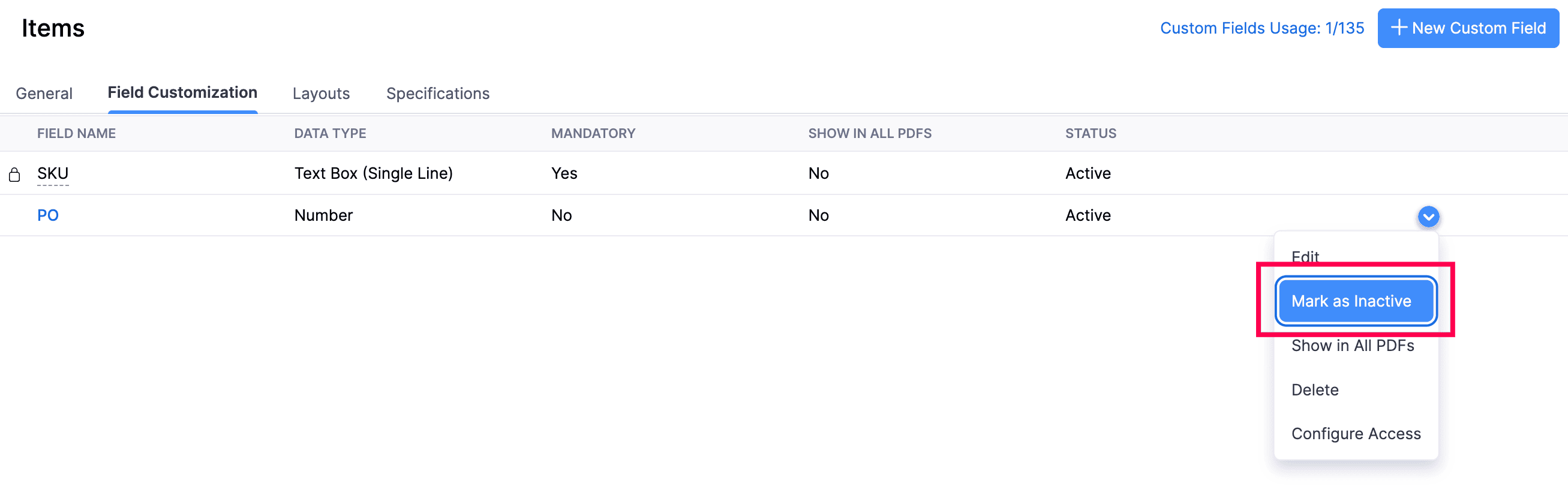 Inactive Custom Field