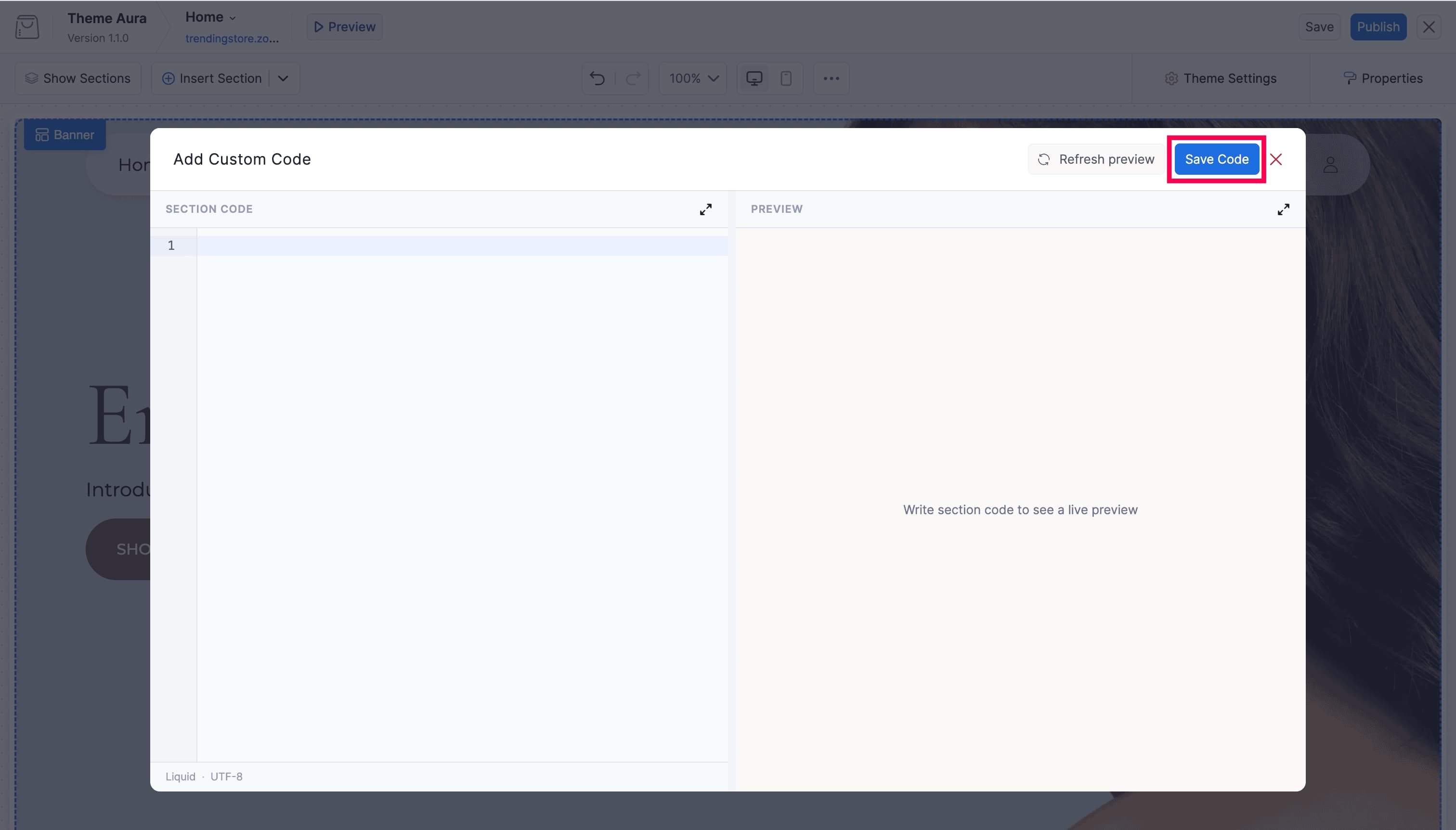 Custom Code Editor with Save Code button highlighted