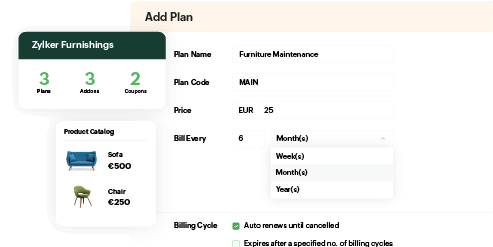Zoho Billing interface for creating a subscription plan, showing fields for plan name, code, price, billing frequency, and auto-renewal options, alongside a product catalog with sofa and chair prices, and summary of plans, add-ons, and coupons.