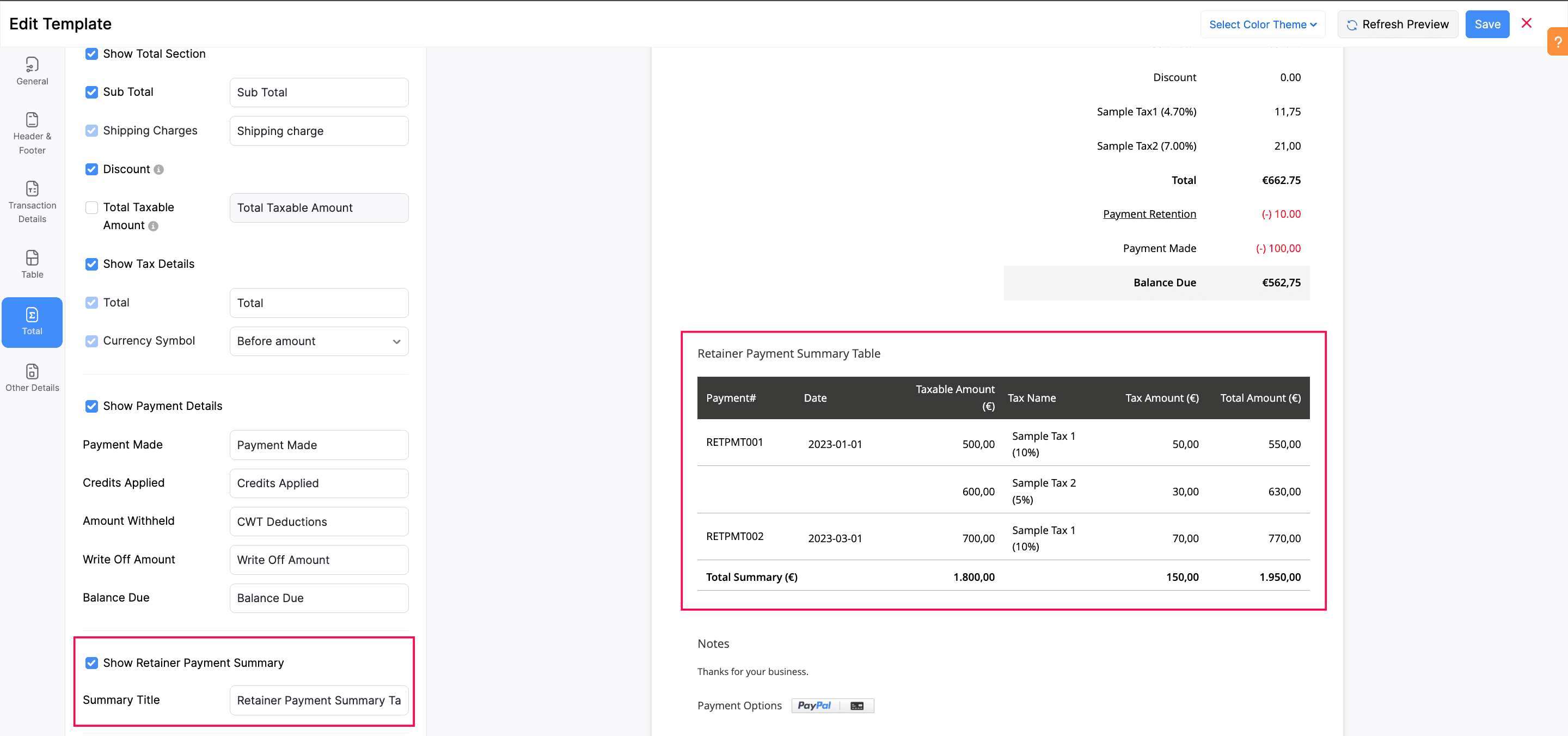 Enable Retainer Payment Summary