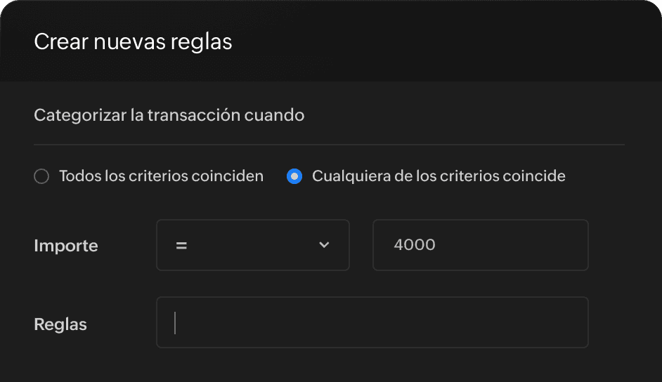 Formulario de regla bancaria con criterios, condiciones y acciones.