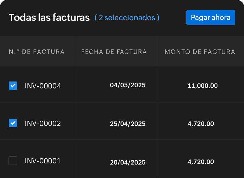 Cliente seleccionando facturas para pagos totales o parciales
