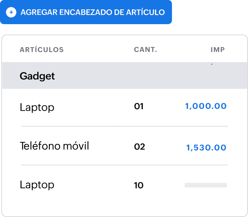 Prominent 'add item header' button above an item detail list, with a header named 'gadget' already used in the list.